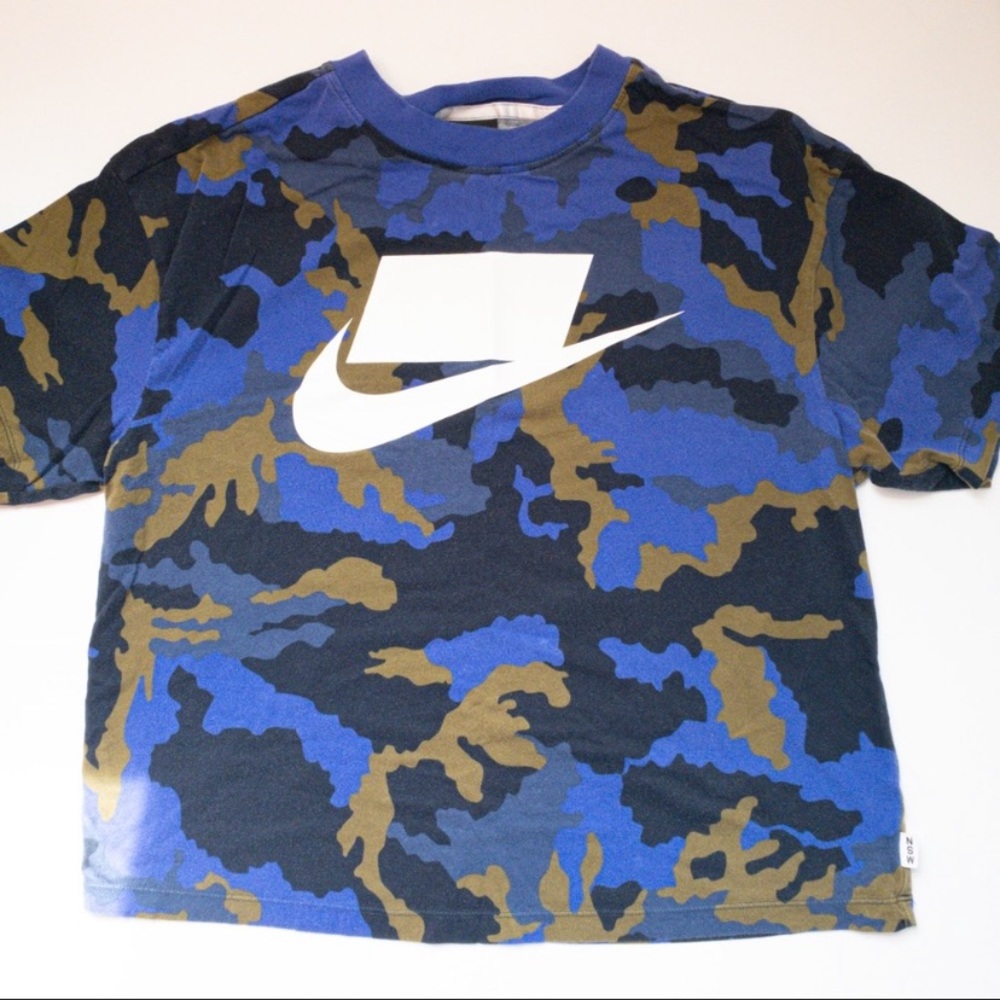 Nike Blue Camo NSW Logo Cropped Tee Size M